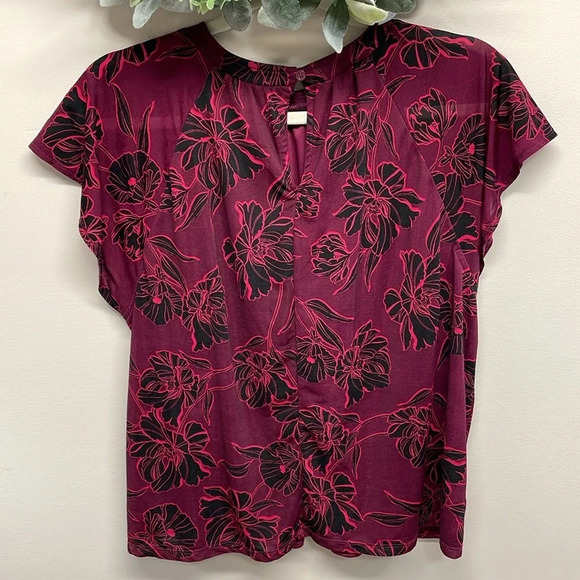 Apt. 9 Burgundy Floral Blouse Cap Sleeve Back Keyhole Closure L - Picture 3 of 14